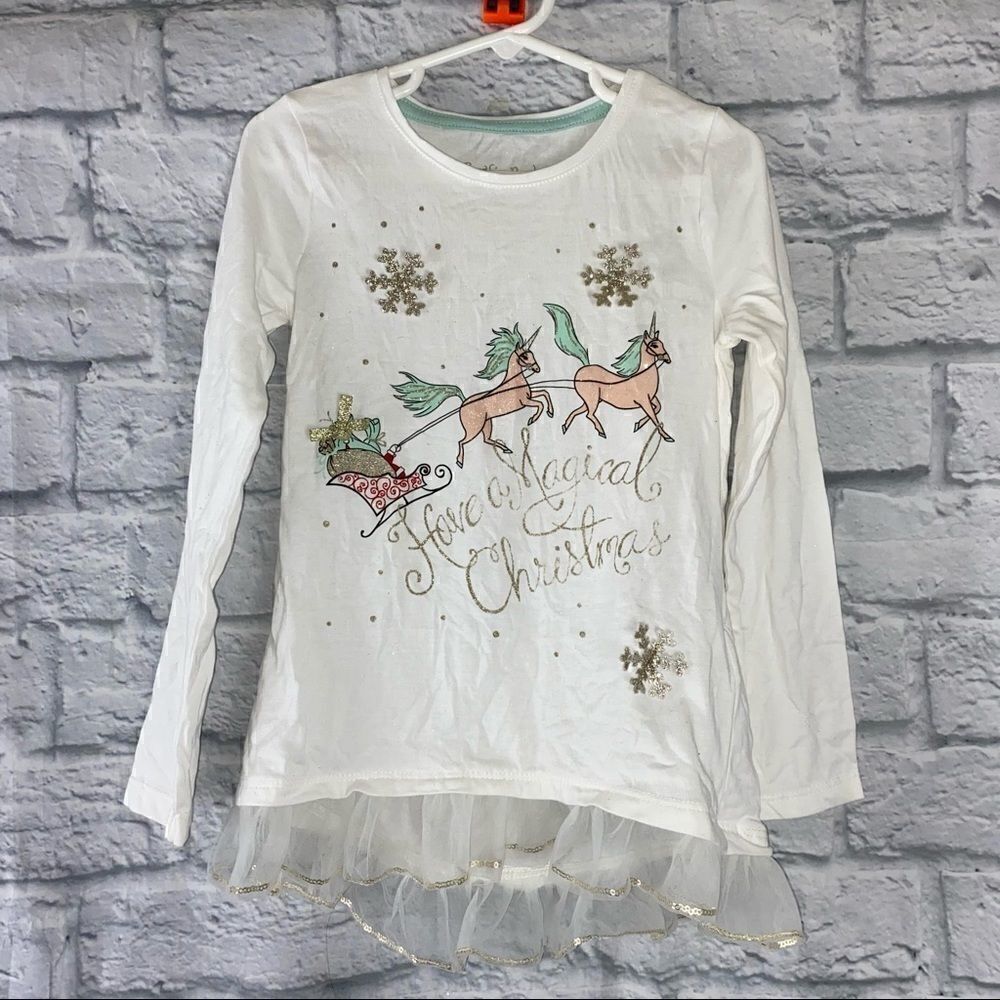 Cynthia Rowley Longsleeve glitter christmas top w/toole ruffle hem sz m 5-6
